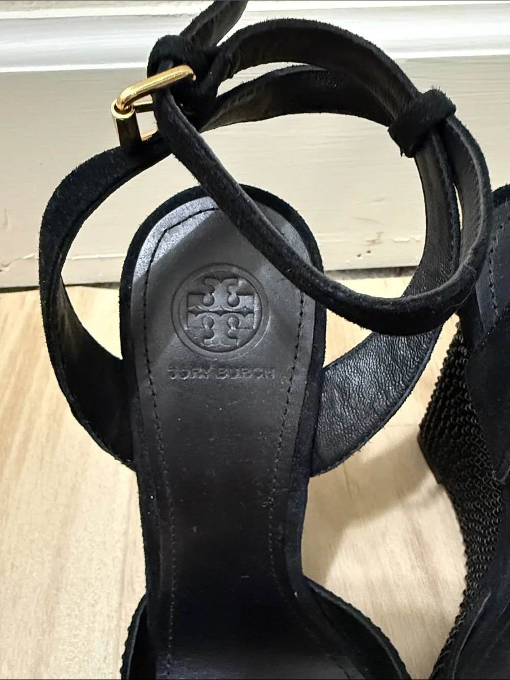 Tory Burch Black Crystal-Studded Wedge Sandals with Ankle Strap